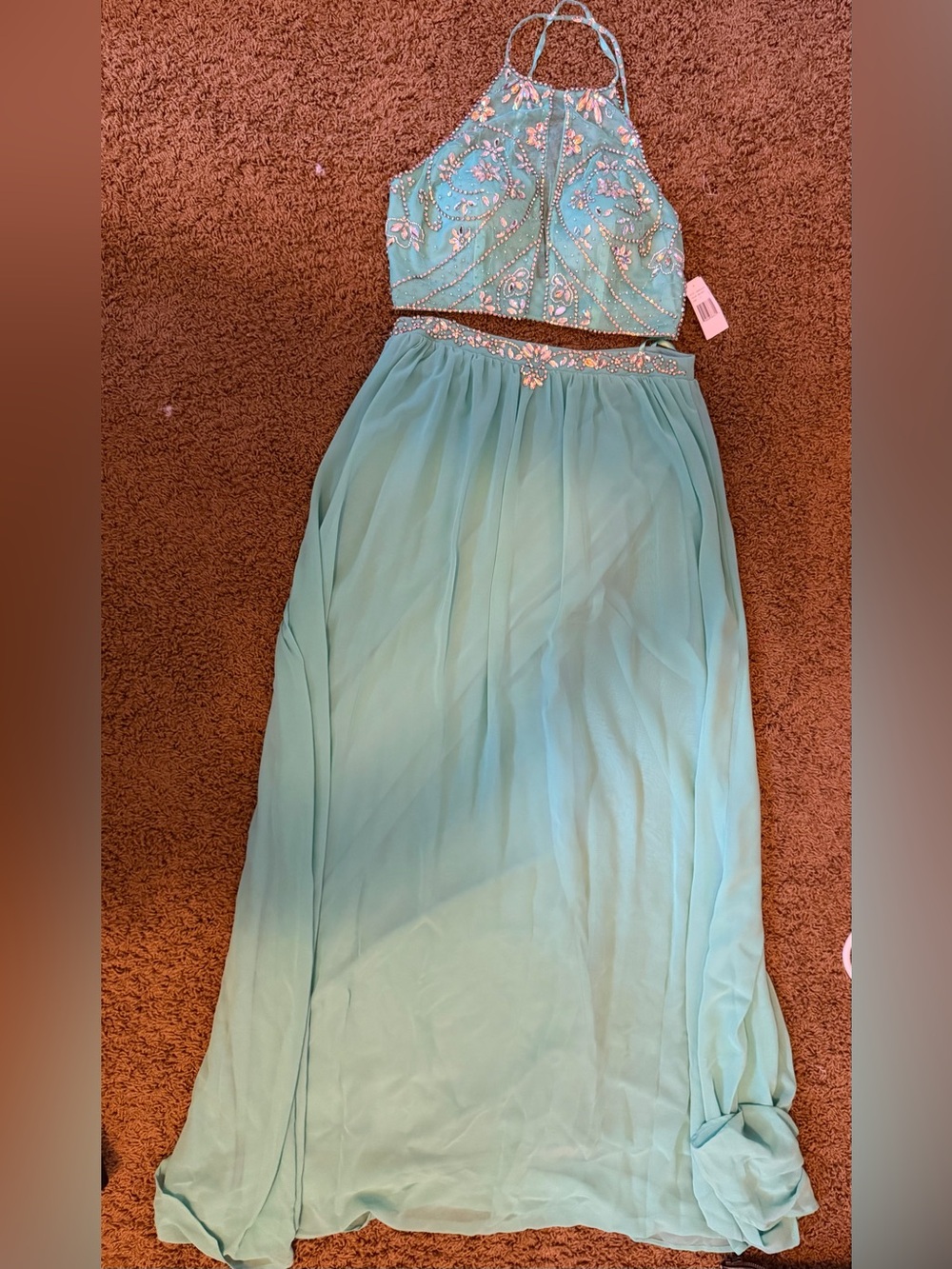Beaded Two-Piece Aqua Prom Dress